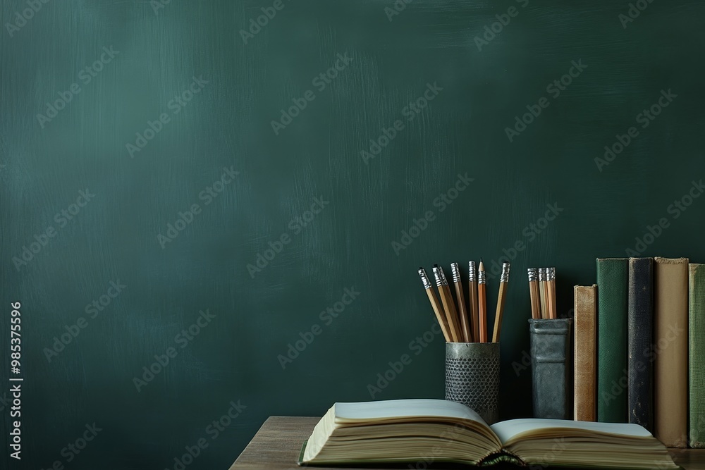 Aufkleber an open book with pencils and books on a wooden table against a green chalkboard background.