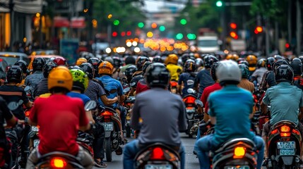A chaotic yet organized scene of motorbikes at a traffic light in Ho Chi Minh City, Vietnam, with a sea of helmets waiting to move
