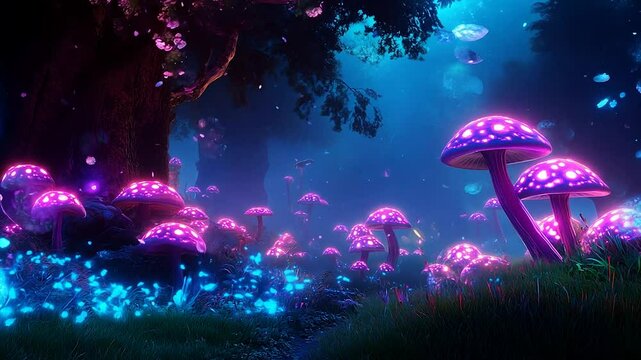 Night scene showcasing diverse array of glowing flora. Pink mushrooms and blue flowers illuminate the forest floor, 
