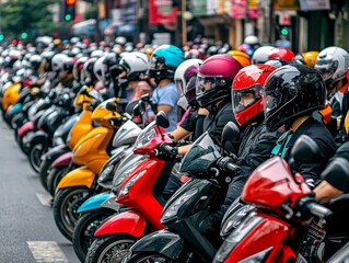 A chaotic yet organized scene of motorbikes at a traffic light in Ho Chi Minh City, Vietnam, with a sea of helmets waiting to move