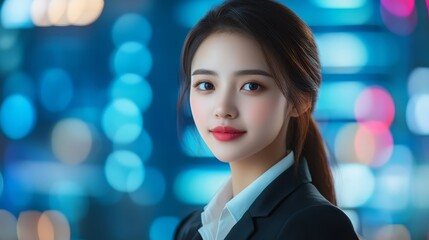 Obraz premium Portrait of Confident Young Businesswoman in City Lights