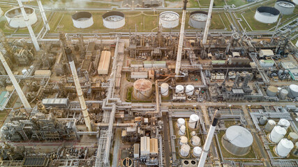 Aerial view Oil and Gas refinery plant Industrial petrochemical industry, Oil and gas refinery factory global business power and energy, Oil and gas refinery and petrochemical plant industrial.