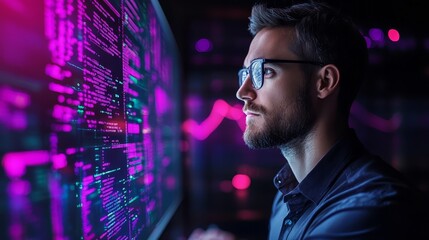 Programmer Working On Code In Front Of Computer Screen With Neon Lights