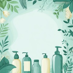 A green background with a row of bottles of lotion and a brush