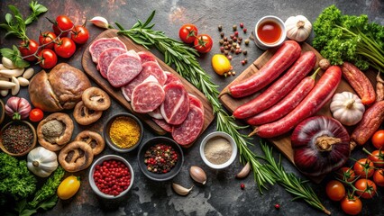 Assorted meats and fresh ingredients for cooking, raw, meats, variety, ingredients, food, protein, cooking, preparation, butcher