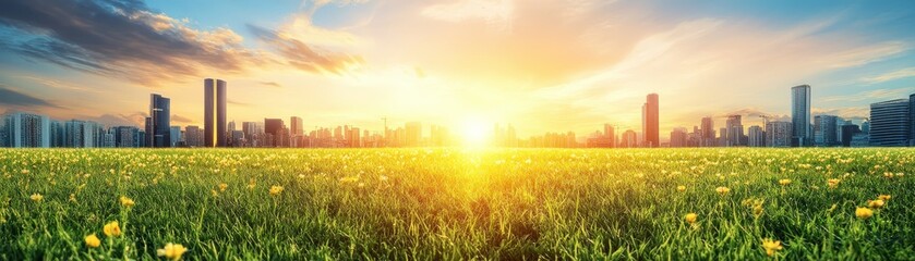 Sunset Cityscape with Green Grass and Yellow Flowers