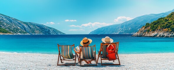 Two women relaxing on beach chairs by the sea, looking out at the blue ocean and mountains.