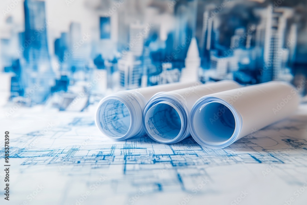 Poster rolled up blueprints with a blurry city skyline in the background.