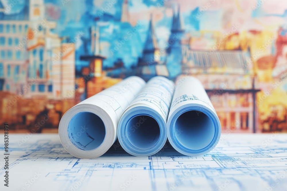 Poster close-up of rolled up blueprints on a table with a blurry background of buildings.