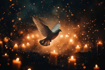 Fototapeta premium A white dove is flying over a field of candles