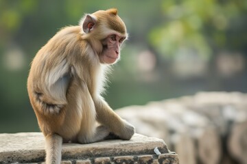 Cute rhesus monkey sits on stone wall with metal railing. Forest background with vibrant green tree foliage. Exotic fur, primate face, and expressive eyes. Wild animal in natural habitat.