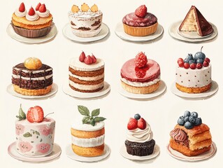 Assorted Cakes and Desserts Watercolor Illustration.