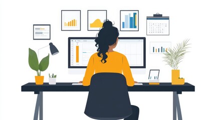Woman Working at Desk with Charts and Graphs