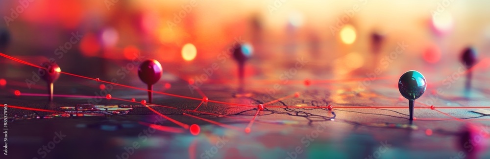 Poster red strings connect colorful pins on a blurry background.