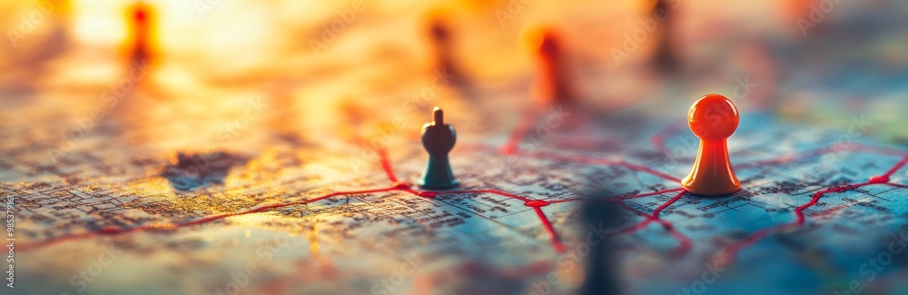 Poster Close up of colorful pins on a map with a red line marking a route.