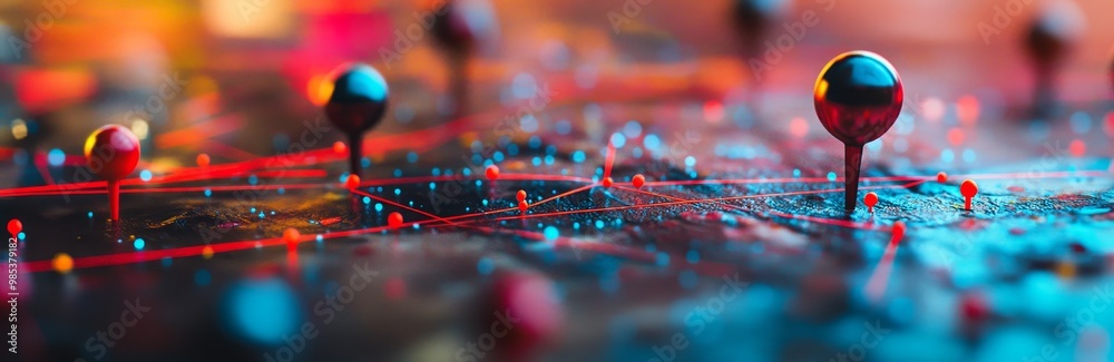 Poster Abstract background with red and blue spheres and red lines connected to them on textured surface.