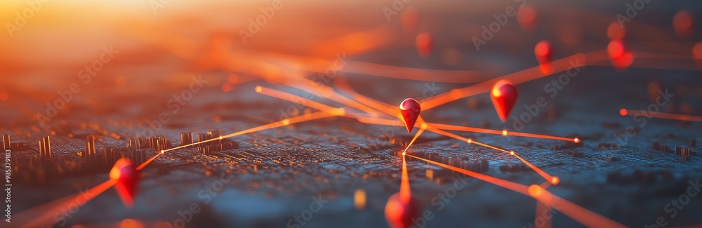 Poster abstract image of red pins connected with glowing lines on a futuristic, dark blue surface with a bl