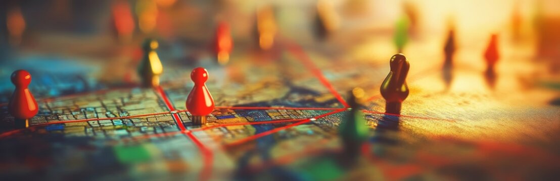 Close-up of red and green pins on a map with red lines showing the route.