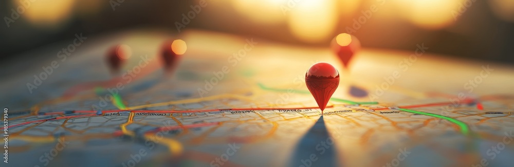 Poster red pin on a map with blurry background.