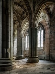 Fototapeta premium Ancient stone Scottish cathedral interior features pillars, arches, large stained-glass windows. European historic building with old architecture. Pillars support vaulted ceiling. Arches lead to