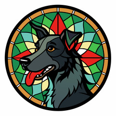 Stained Glass Christmas Dog round sign Black Vector silhouette