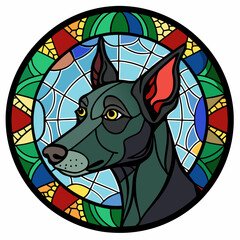Stained Glass Christmas Dog round sign Black Vector silhouette