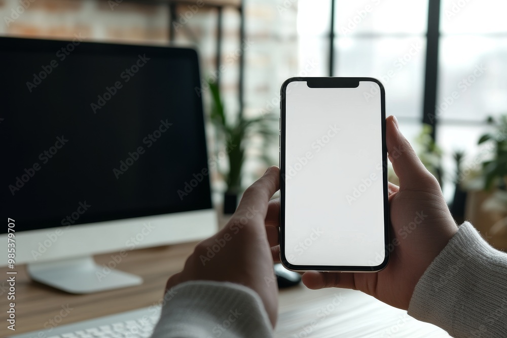 Poster a person's hands holding a smartphone with a white screen, in front of a computer monitor with a bla