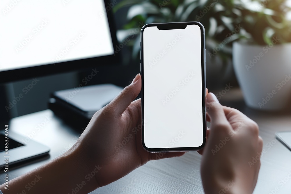 Poster person holding a smartphone with a white screen in front of a computer screen, on a white desk with 