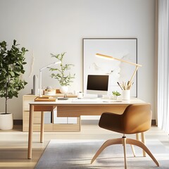 Minimalist Home Office Interior Design with Wooden Desk and Chair.