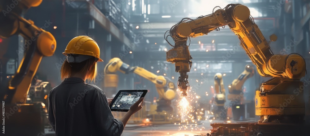 Aufkleber female engineer in yellow helmet operating robotic arm while using tablet.