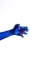 A witch's blue hand with sharp red nails on a white background. It exudes a demonic, monstrous vibe, blending vampire, alien, and ghostly features, creating a perfect Halloween horror image.