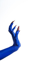 A witch's blue hand with sharp red nails on a white background. It exudes a demonic, monstrous vibe, blending vampire, alien, and ghostly features, creating a perfect Halloween horror image.