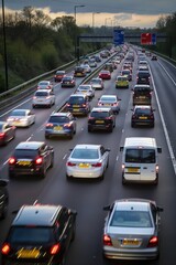 Fast moving traffic on M42 highway near Birmingham, UK. Cars, vans, lorries, buses, motorbikes rush down expressway under dark evening sky. Red trail, blurred motion, speeding vehicles on roadwork,