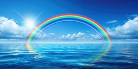 Bunter Regenbogen ?ber dem blauen Meer mit Gischt. Geschnitzte Vektor Grafik, Rainbow, ocean, waves, colorful, carving,graphic