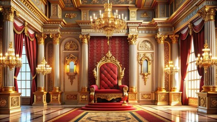 Obraz premium Luxurious palace interior featuring a majestic throne surrounded by stately ornate architecture and gold accents, luxurious