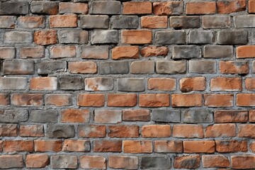 Obraz premium Close-up of red brick wall with diagonal pattern. Bricks are worn, creating texture, depth, and perspective. Light beige background, contrasting with red bricks, adds balance to composition.