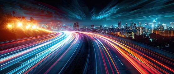 Night Cityscape with Light Trails and Skyline