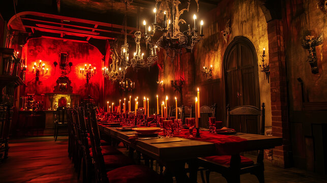 Holloween Theme  Dracula's Mansion Inspired Restaurant Interior, enchanting atmosphere with flickering candlelight, rich blood-red decor, inviting gothic furnishings, immersive dining experience.