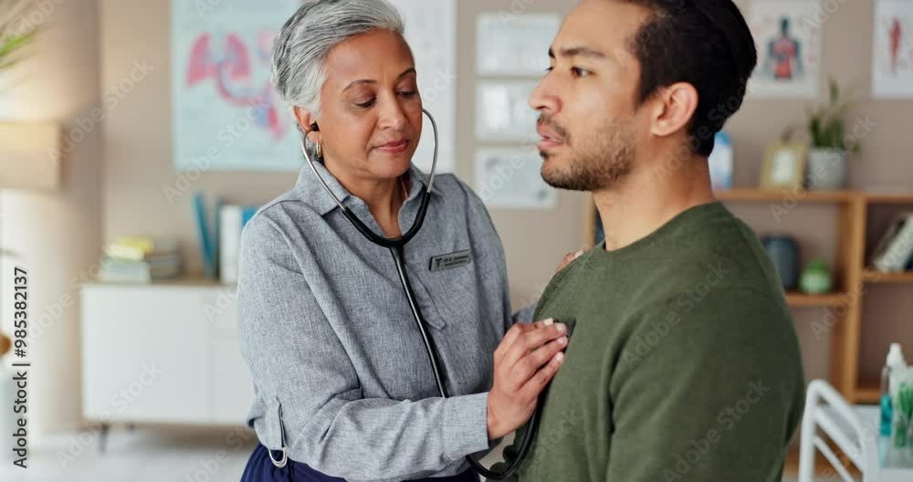 Poster Healthcare, doctor and stethoscope for checkup, man and breathing of patient, clinic and consultation. Blood pressure, info and update of medicine, medical professional and people in hospital