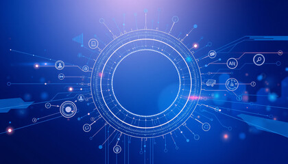 Wide Blue background with various technological elements. Abstract circle technology communication, vector illustration. Futuristic design for presentation. Hi-tech computer digital technology concept