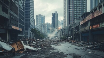 A devastated urban landscape with destroyed buildings, debris covering the street, and a somber, post-apocalyptic atmosphere under a cloudy sky.
