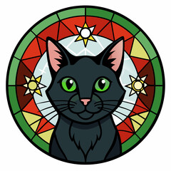 Stained Glass Christmas Cat round sign Black Vector silhouette
