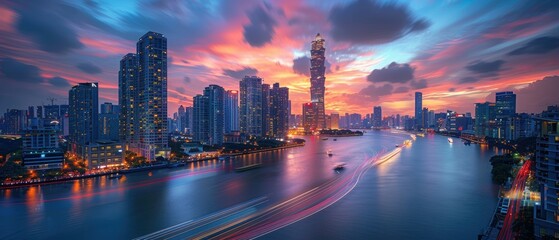Vibrant Cityscape at Twilight Over a Serene River
