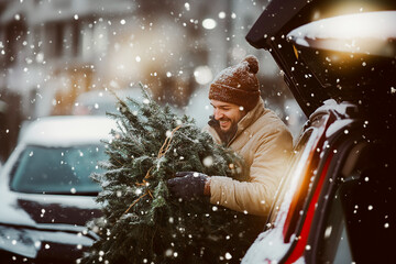 A man places a green Christmas tree in the trunk of his car in snowy winter weather on the eve of the holiday.