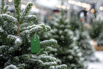 Close up of green tag mockup with copy space for text hanging on natural Christmas tree branch in snowy weather.