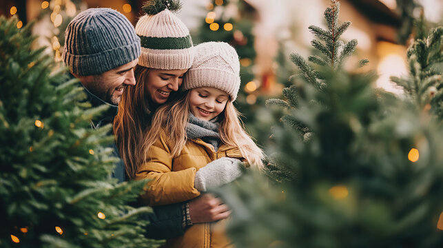 A happy family of a mother, father and little daughter at a green trees fair buying a beautiful natural Christmas tree on the eve of the holidays in the winter season.
