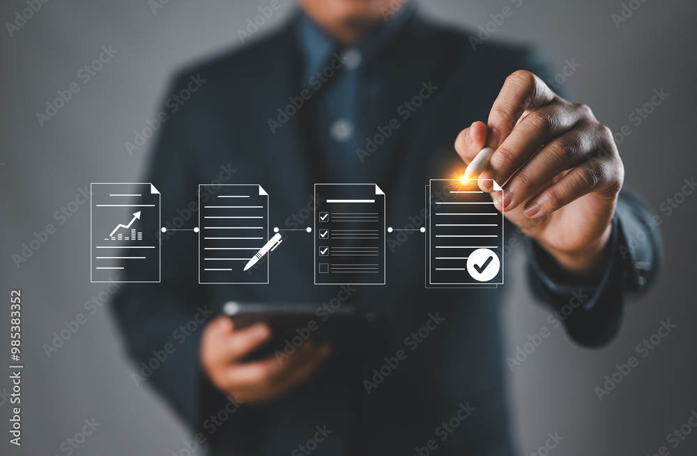 Aufkleber Process to Quality Assurance and Document Control Workflow. Businessman interacts with digital workflow, displaying process from document creation to quality assurance and final approval. QC, QA, ISO,