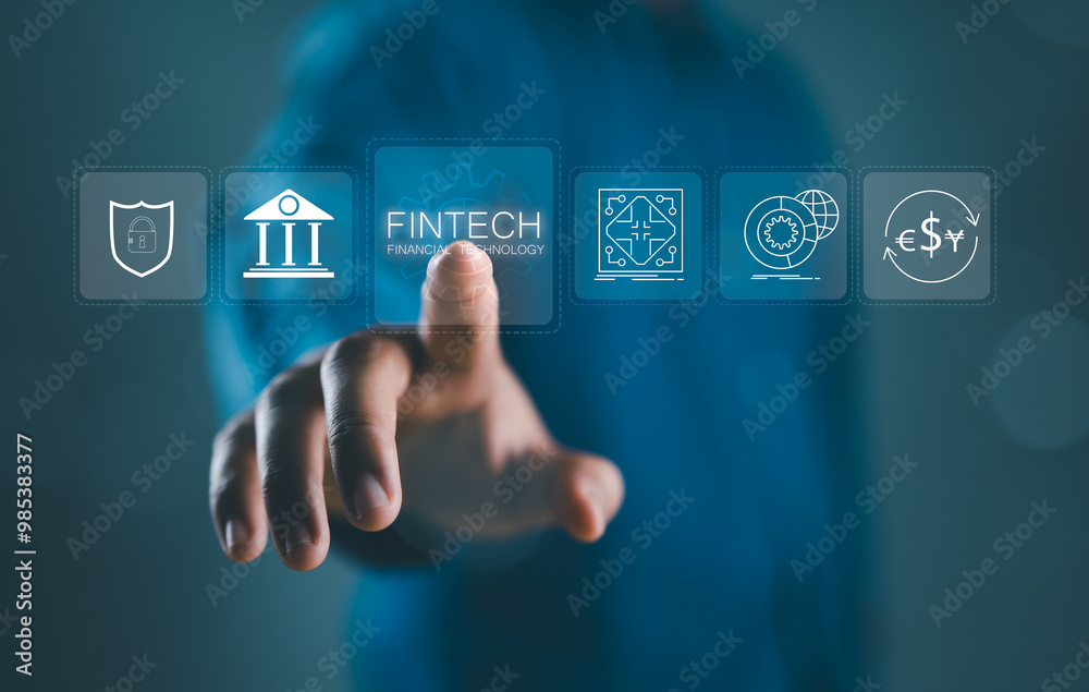 Poster Fintech and financial technology concept. A person interacts with digital icons representing financial technology (Fintech), including security, banking, global transaction, innovation, digital money,