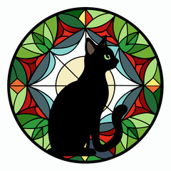 Stained Glass Christmas Cat round sign Black Vector silhouette