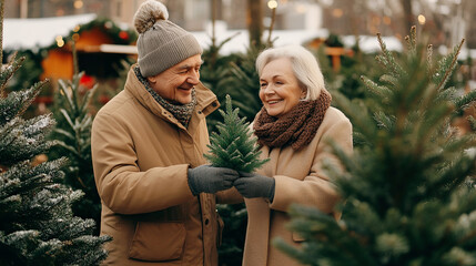 Fototapeta premium A happy elderly couple buying a Christmas tree at a fair of natural green trees on the eve of the holiday.